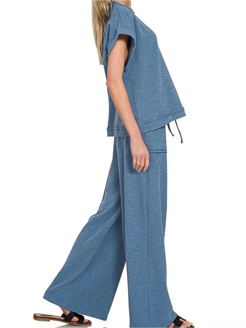 Zenana Cotton Slub Short Sleeve Tee And Wide Leg Pants Set